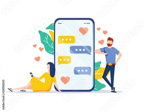 Dating app - flat design style colorful illustration on white background. Composition with characters, boy and girl