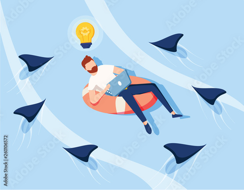 Creative Idea Save from Business Competition. Businesswoman Character Swim on Innertube above Danger Fish.