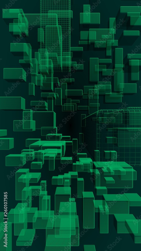 Green and dark abstract digital and technology background. The pattern with repeating rectangles. 3D illustration Green and dark abstract digital and technology background. The pattern with repeating rectangles. 3D illustration
