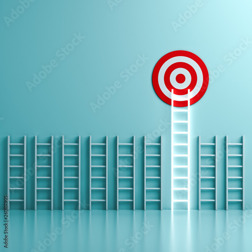 The longest neon light ladder reaching for the bright goal target dartboard the business creative idea concepts on green pastel color wall background with shadows and reflections 3D rendering