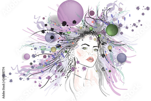 vector image of a female face with hair imitating the universe and circling around the planets. The concept of the origin and interaction in the universe, the riot of ideas arising in the head