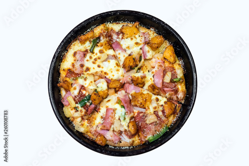 pizza in a pan isolated on white background