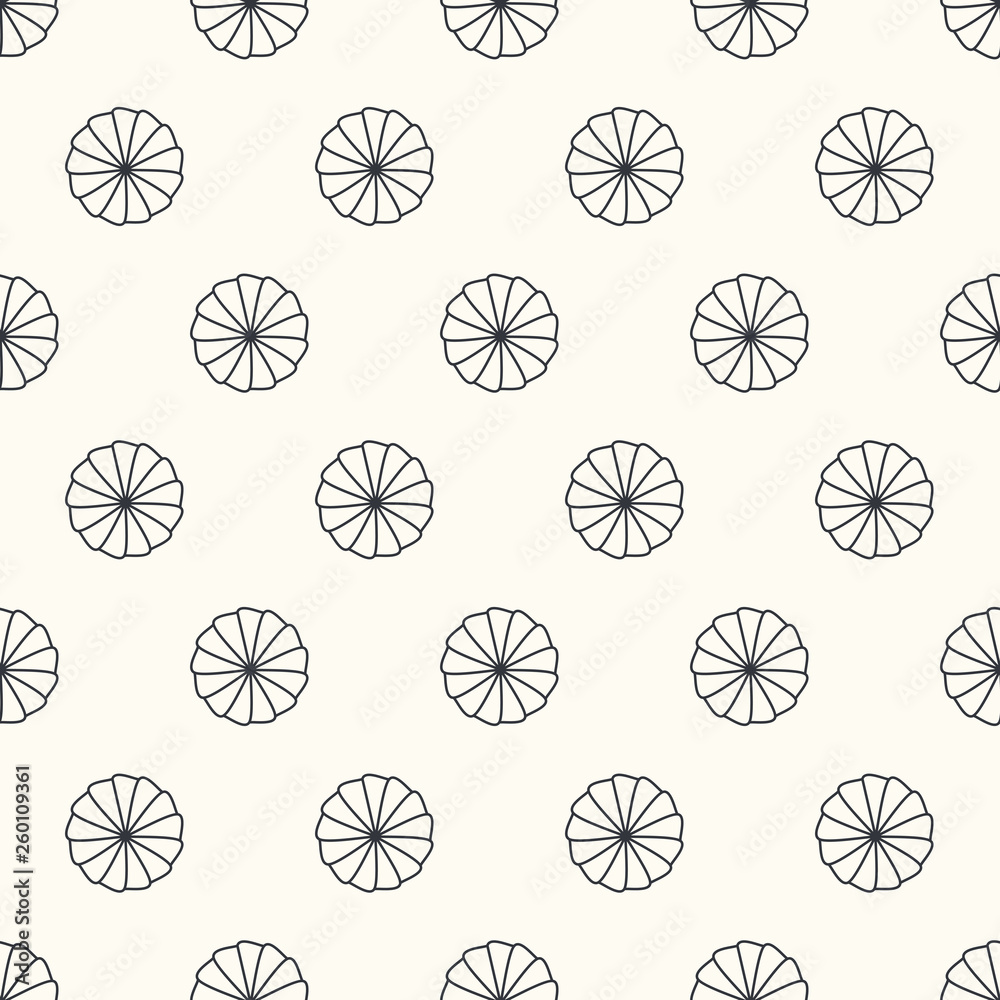 Monochrome umbrellas top view. Seamless background. Outlined shells. Pattern in minimal style. Monochrome umbrellas top view. Seamless background. Outlined shells. Pattern in minimal style.