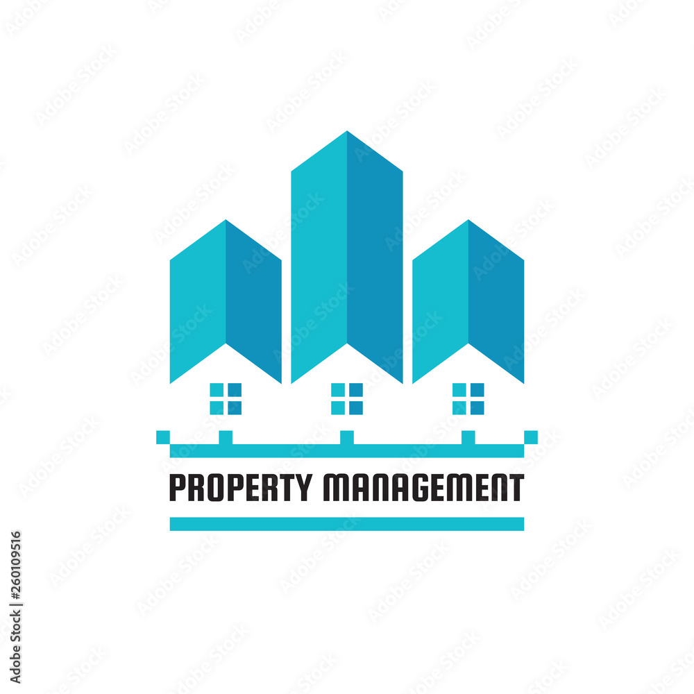 Property management concept business logo template vector illustration. Real estate creative sign. House cottages and skysrapers symbols. Building construction icon. Graphic design elements. 