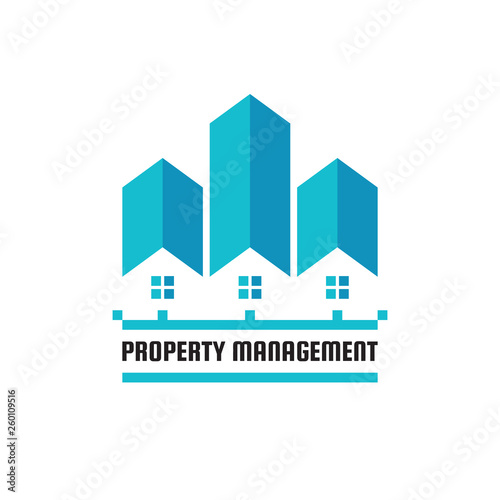 Property management concept business logo template vector illustration. Real estate creative sign. House cottages and skysrapers symbols. Building construction icon. Graphic design elements. 