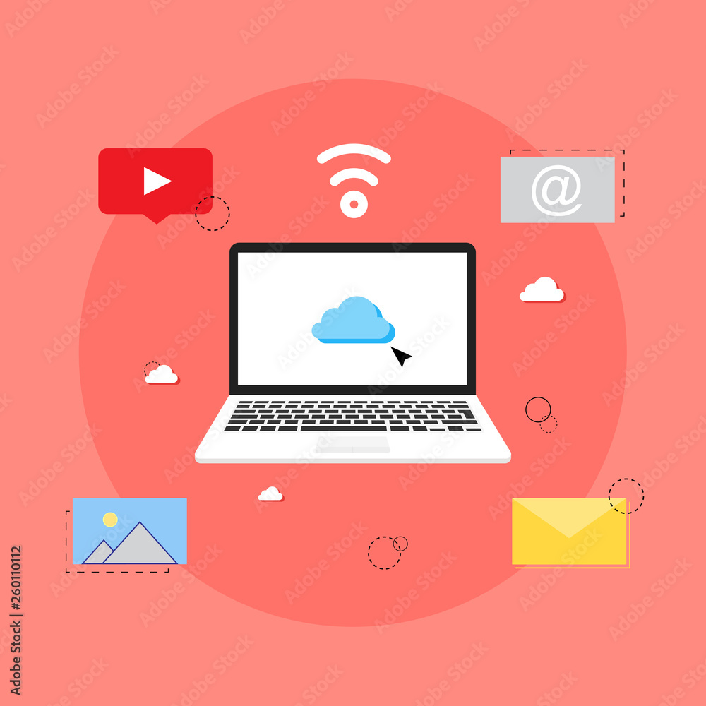 Digital marketing concept. Cloud storage. Visualization of the work of the laptop, with software Digital marketing concept. Cloud storage. Visualization of the work of the laptop, with software