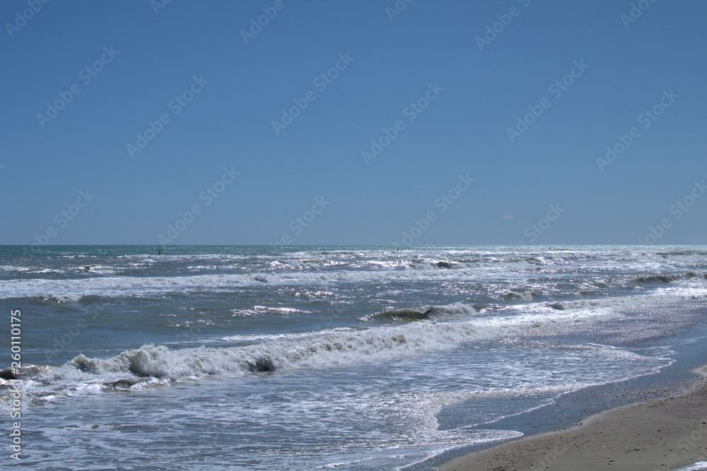 waves on the beach,, sky, coast, blue,horizon, seascape,foam, white, sun