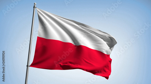Waving the flag of Poland on the flagpole. Republic of Poland - the colors of the flag. Illustration
