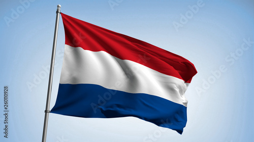 Waving flag of the Netherlands on the flagpole. Kingdom of the Netherlands - the colors of the flag. Illustration