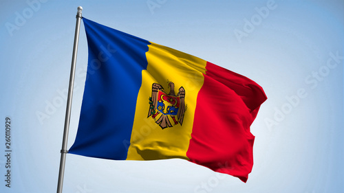 Waving the flag of Moldova on the flagpole. Republic of Moldova - colors of the flag. Illustration