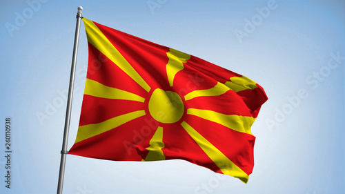 Waving the flag of Northern Macedonia on the flagpole. Republic of Northern Macedonia - colors of the flag. Illustration