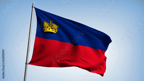 Waving Liechtenstein flag on the flagpole. The Principality of Liechtenstein - the colors of the flag. Illustration