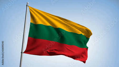 Waving Lithuanian flag on the flagpole. Republic of Lithuania - colors of the flag. Illustration