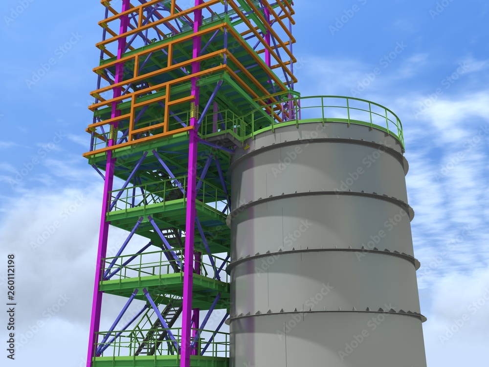 BIM model of a building with a tank made of metal structures. Drawing ...