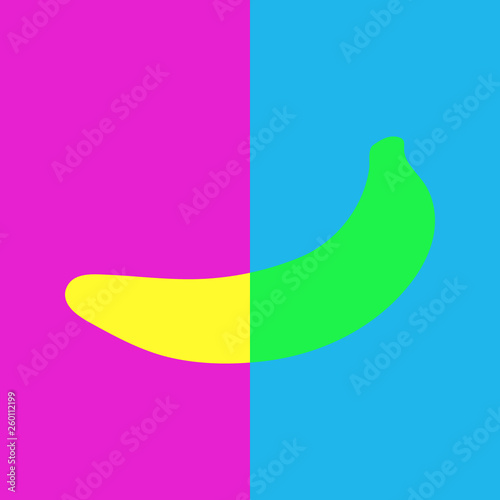  Banana on a pink and blue background. On a blue background is a green banana, and on a pink background is a yellow banana. Vector illustration.