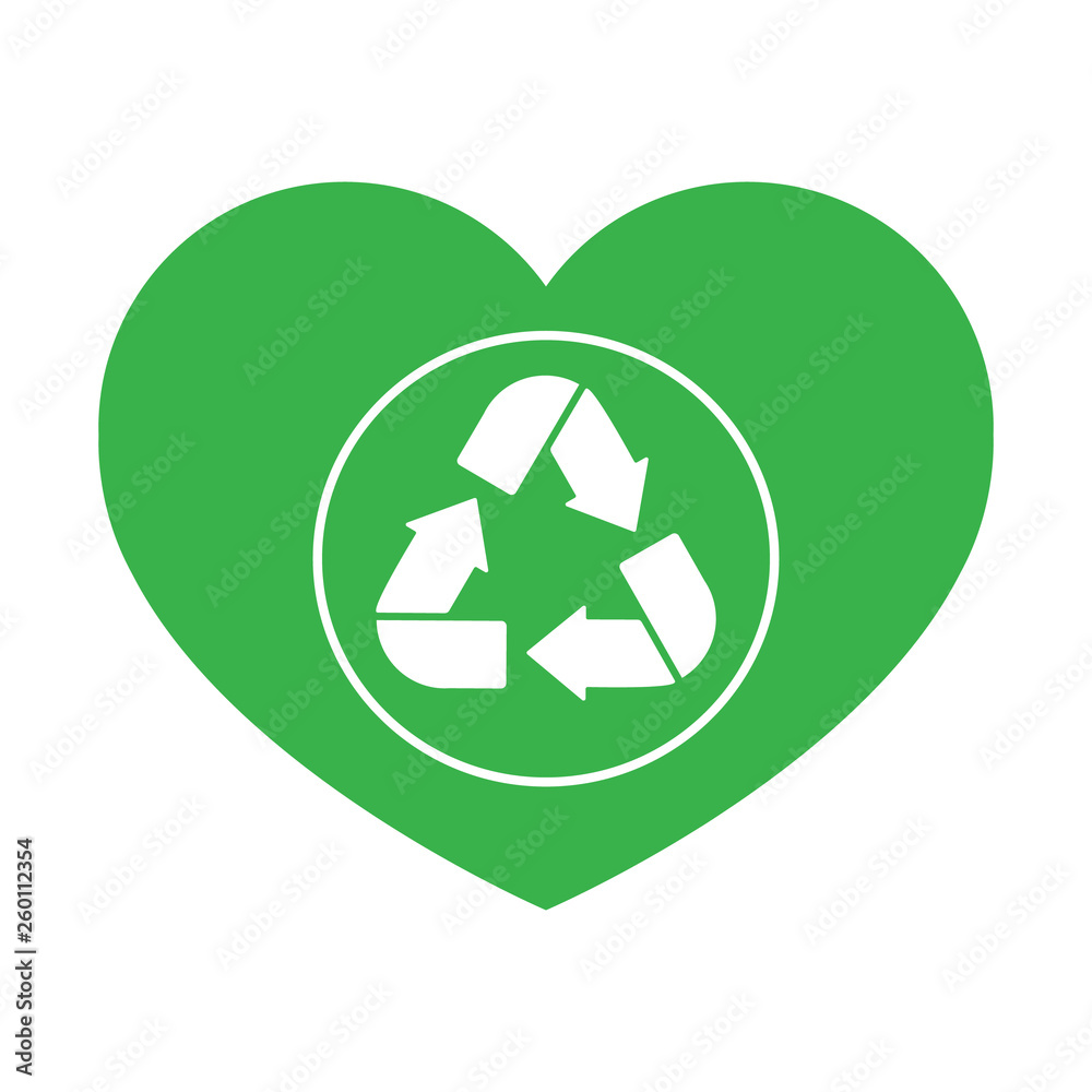 Green recycle sign in the heart. Vector illustration. Isolated icon. Green recycle sign in the heart. Vector illustration. Isolated icon.