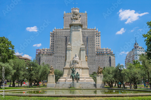 Monumento Cervantes upfront. Behind is the Edificio España under reparations. Shoot in July 2018