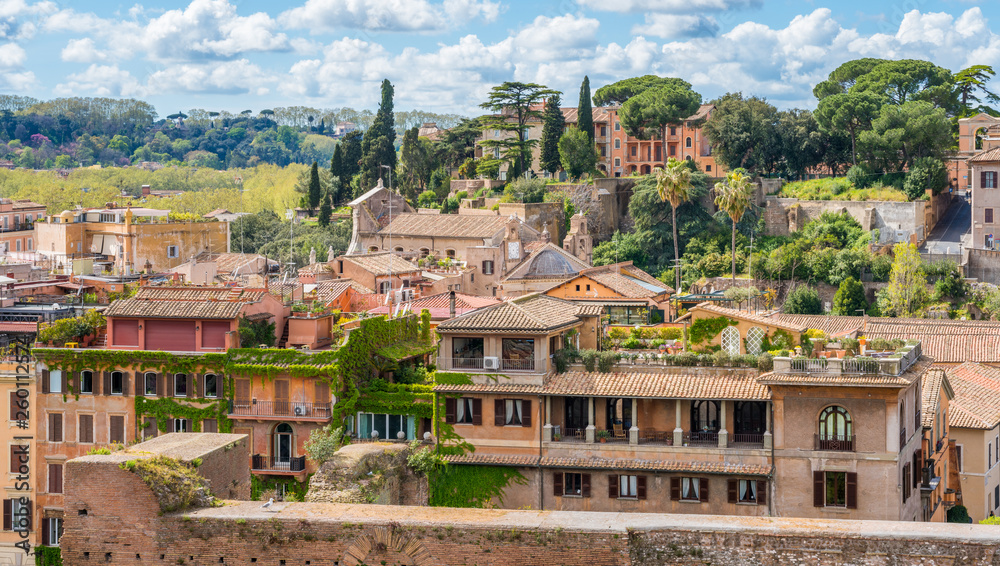 Picturesque balconies in Rome as seen from the roman forum.