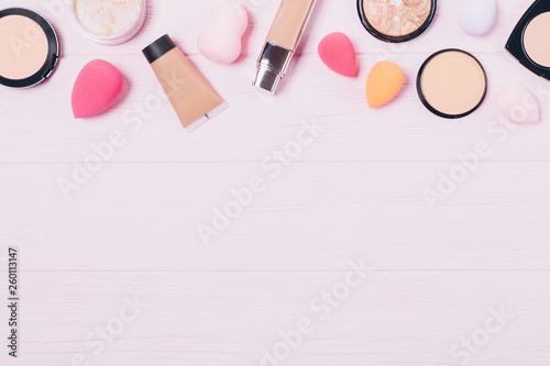 Cosmetics for smooth skin tone on wooden table