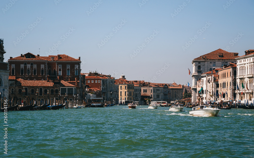 The entrance to the Grand Canal in Venice, view from the boat. Italy, summer time, travel concept