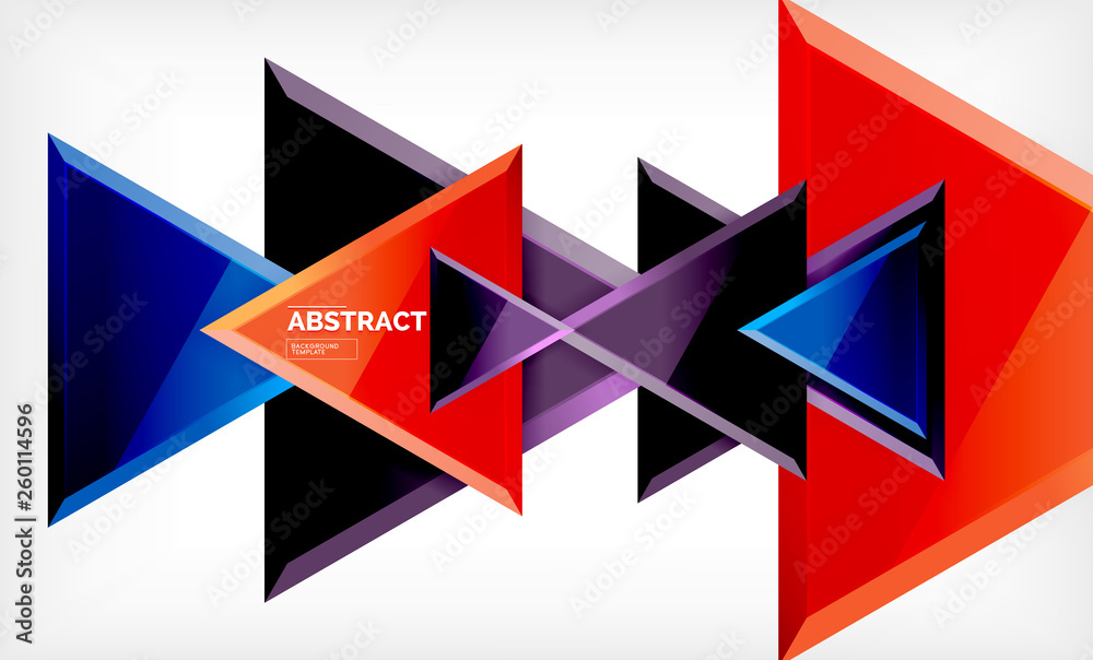 Triangles repetiton geometric abstract background, multicolored glossy triangular shapes, hi-tech poster cover design or web presentation template with copy space Triangles repetiton geometric abstract background, multicolored glossy triangular shapes, hi-tech poster cover design or web presentation template with copy space
