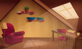 cozy wooden attic room cartoon, vector illustration