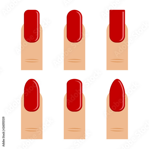Manicure. Set of finger with red nail polish, different shapes nail, types fashion. Vector illustration
