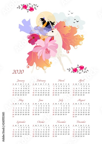 2020 Calendar with beautiful girl with bird in her hands sitting astride magic unicorn. Week starts on sunday.