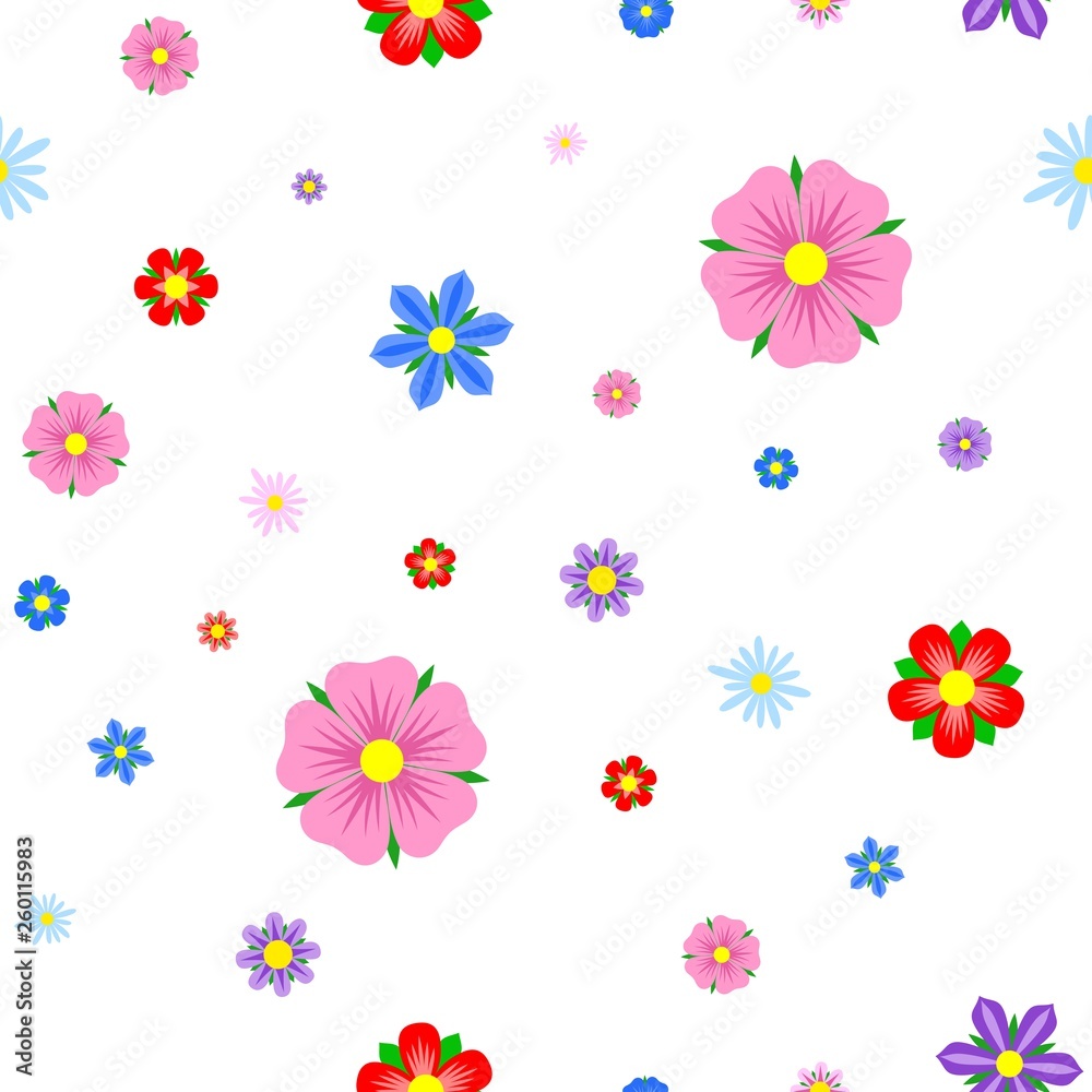 Seamless pattern with flowers on white background. Vector colorful design.
