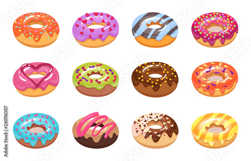 Sweet tasty donut set isolated on white background.Colorful pastries rich toppings and flavor in 3 d. Strawberry, chocolate,caramel,stars,heart,orange,sugar glazed.Cartoon style vector illustration.