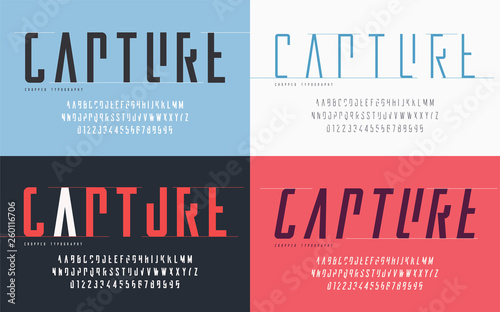 Cropped typography, set of uppercase letters and numbers, alphabet. 