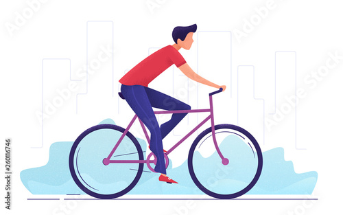 Vector illustration of a young man cycling around the city.