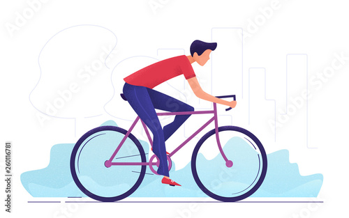 Vector illustration of a young man cycling through the city park.