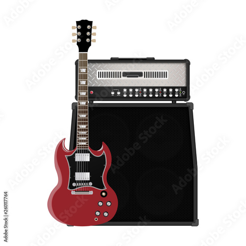 Guitar and amplifier, music instruments realistic vector illustration