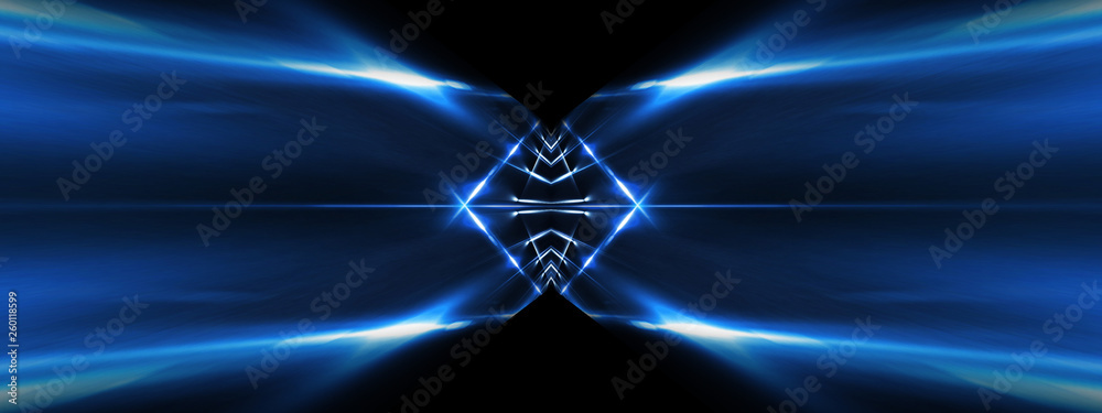 Naklejka premium Abstract blue background with lines and rays of neon light. Reflection in space of symmetry. Abstract tunnel in motion.