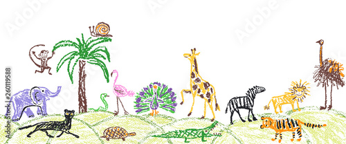 Like child hand drawn wild animals set. Kid`s crayon giraffe, elephant, lion, monkey, zebra, crocodile. Pastel chalk or pencil funny doodle style vector seamless border copy space safari background