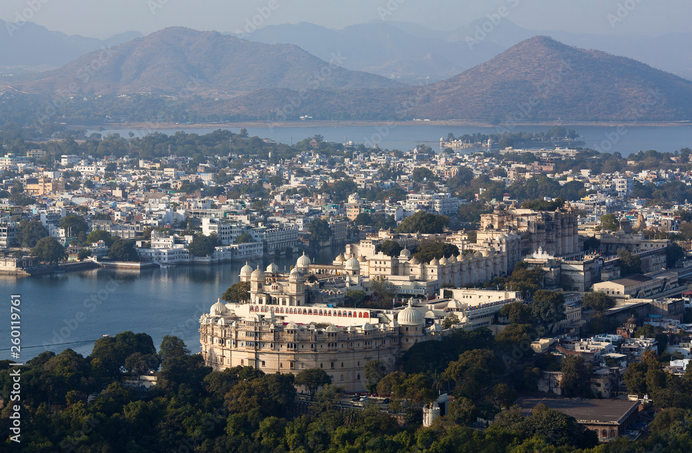 Panoramic view of the Udaipur City and Jai Mahal on lake Pichola in Rajasthan, India