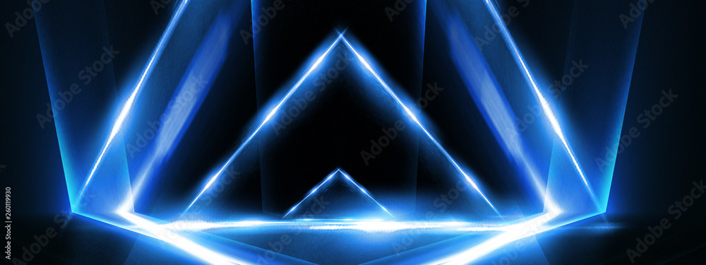 Abstract blue background with lines and rays of neon light. Reflection in space of symmetry. Abstract tunnel in motion. Abstract blue background with lines and rays of neon light. Reflection in space of symmetry. Abstract tunnel in motion.