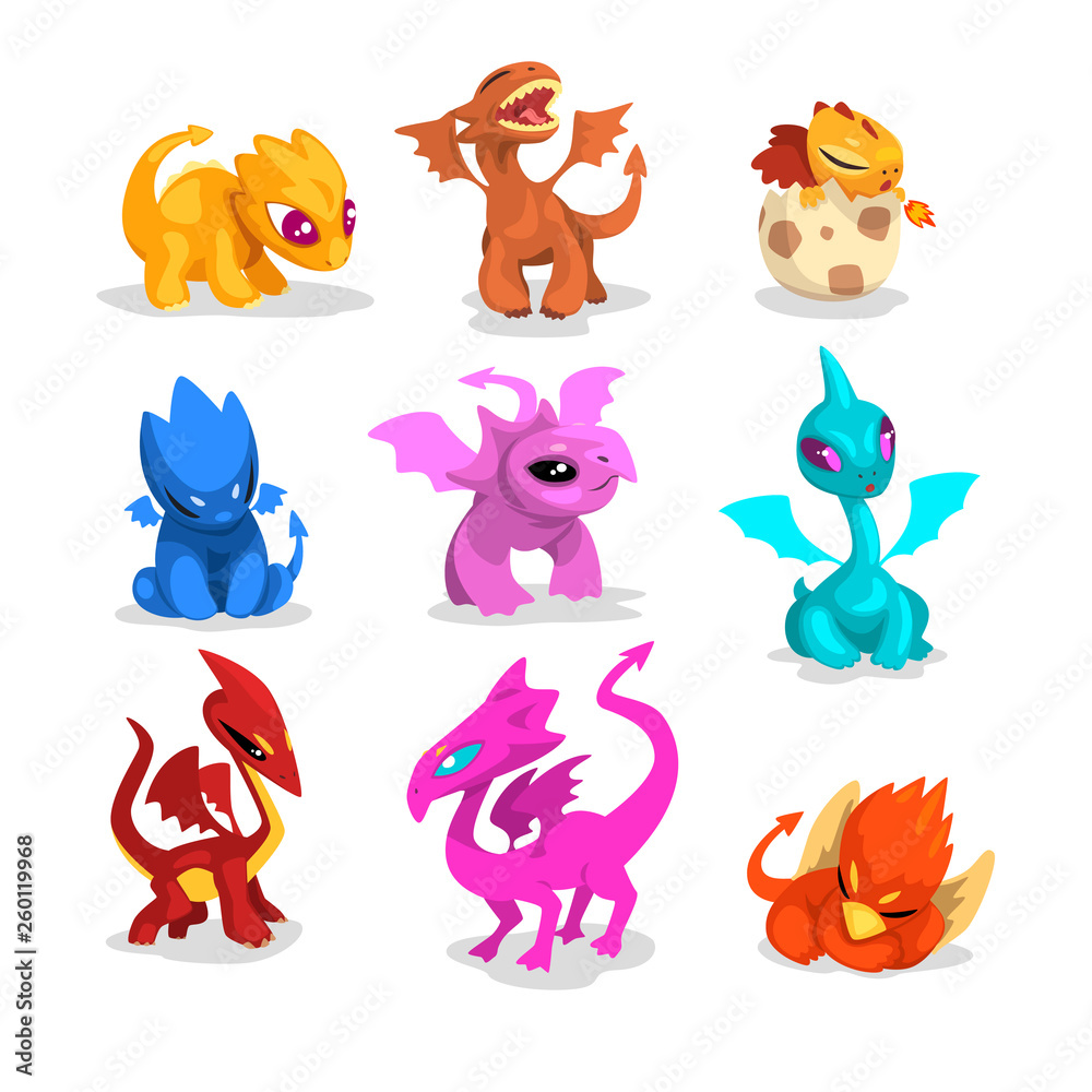 Set of colorful dragons in flat style. Cartoon characters of mythical monsters. Vector for mobile game, children book or t-shirt print Set of colorful dragons in flat style. Cartoon characters of mythical monsters. Vector for mobile game, children book or t-shirt print