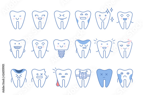 Funny teeth characters with different emotions set  dentistry and treatment vector Illustrations on a white background