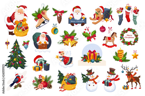 Christmas big set, New Year holiday decoration elements vector Illustrations on a white background