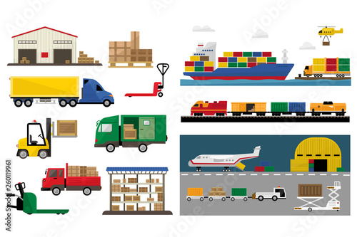 Freight transport set, transportation and freight cargo shipping vector Illustrations on a white background