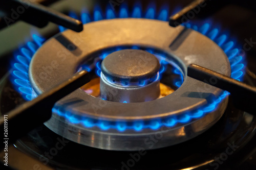 Blue flame of burning gas from the kitchen gas stove on a dark background.