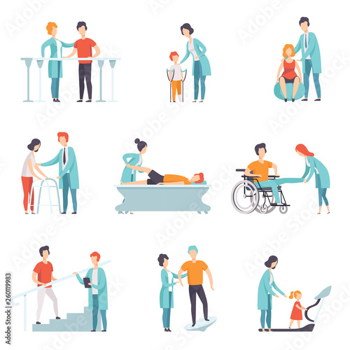 Flat vector set of people on rehabilitation. Physiotherapy clinic. Doctors working with patients. Healthcare and treatment