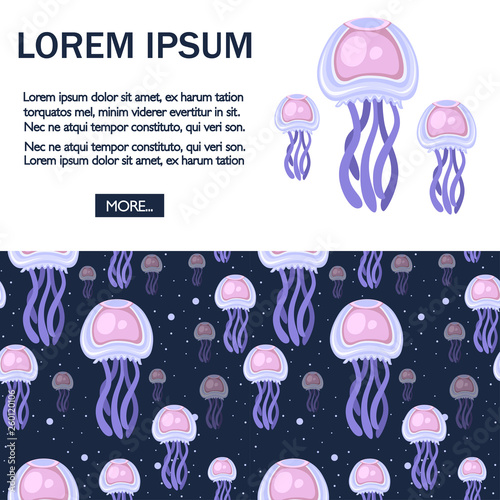 Sea purple and pink jellyfish with pattern. Tropical underwater animal. Medusa aquatic organism, cartoon style design. Flat vector illustration on dark blue background. Place for text