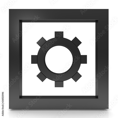 gear icon cog wheel symbol engineering development sign working logo button black 3d render graphic isolated on white background in high resolution