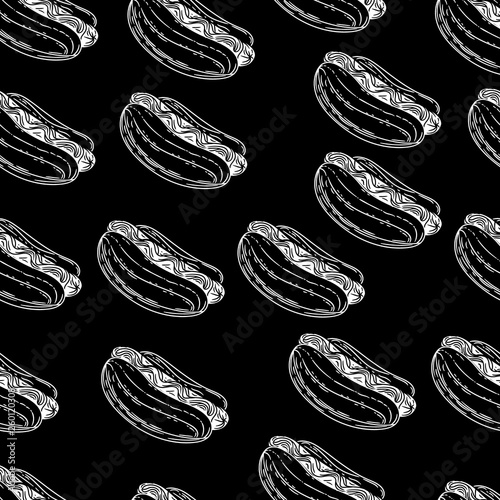 Seamless black and white pattern of hotdogs.