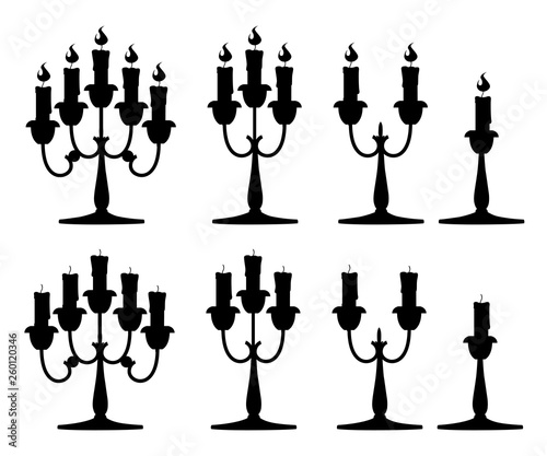 Black silhouette. Candles in candlesticks set. Silver candelabra with red burning candles. Flat vector illustration isolated on white background