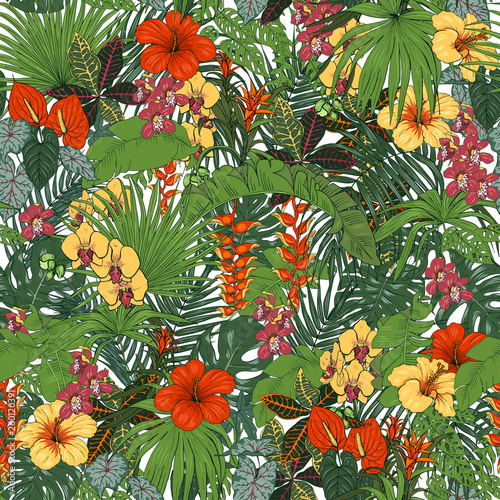 Tropical flowers and leaves seamless pattern