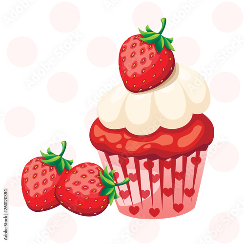 Sweet strawberry cupcake with white cream. Colorful dessert. Flat vector illustration isolated on white background